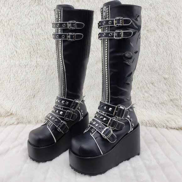Demonia Concord RAre Platform Studded Black Rose Shaft Knee Boots Goth Punk - Picture 10 of 16